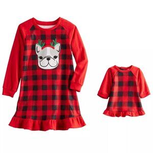 Toddler Girl CHIRSTMAS FRENCHIE DOG Checks Nightgown & Matching Doll Size 5T NWT